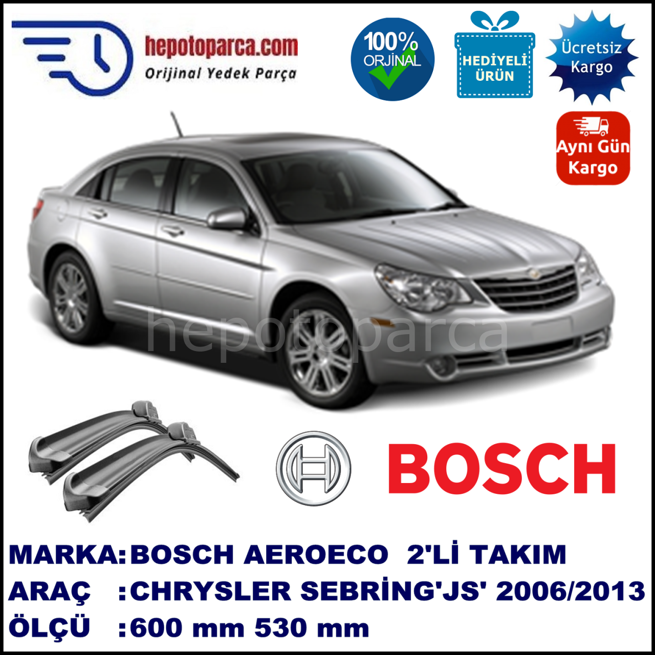 CHRYSLER Sebring [JS] 09.2006-..., 600 / 530 mm. BOSCH AEROECO Aparatlı Muz Silecek
