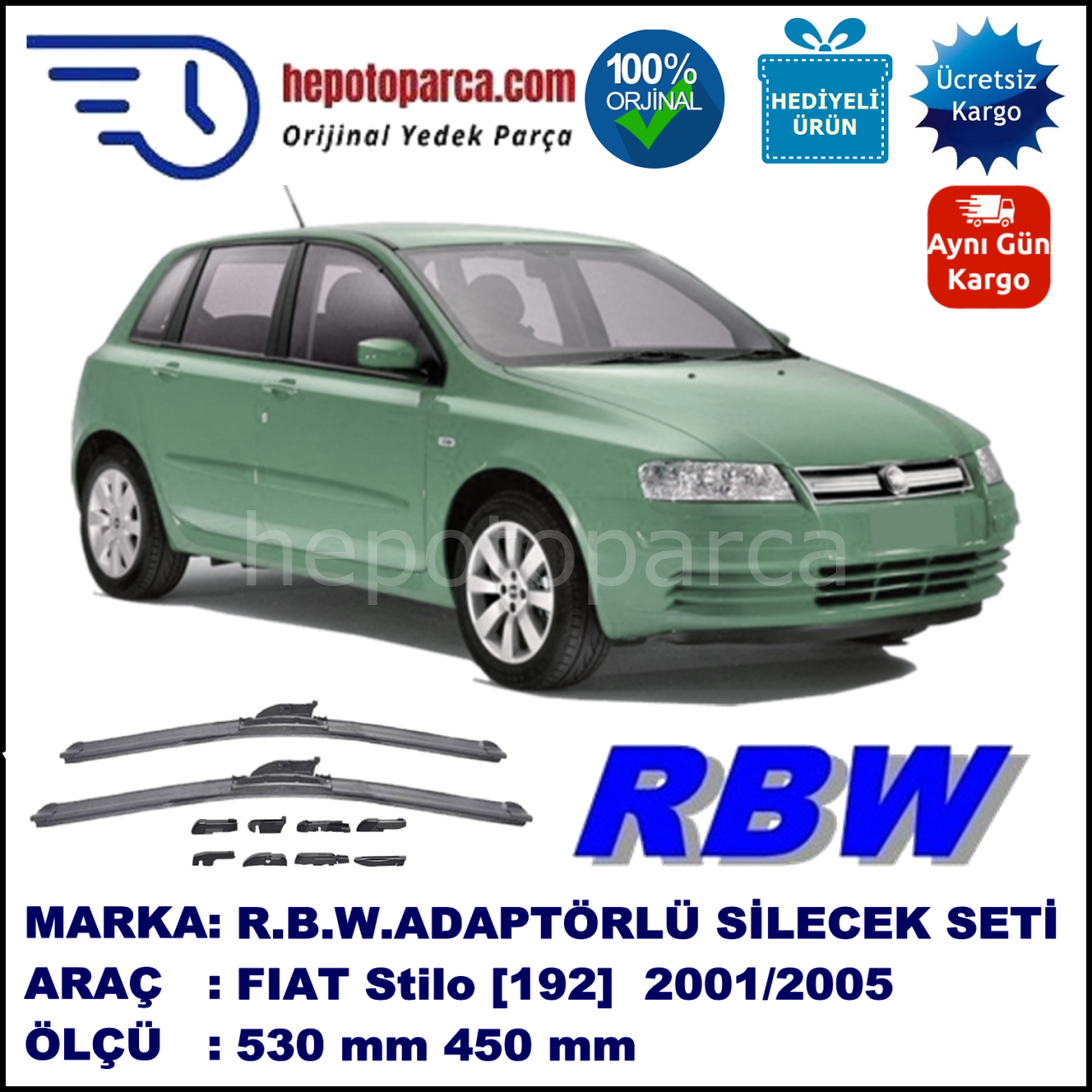 FIAT Stilo [192..] 10.2001-06.2005, 530 / 450 mm.  RBW  ADAPTÖRLÜ MUZ SİLECEK SETİ