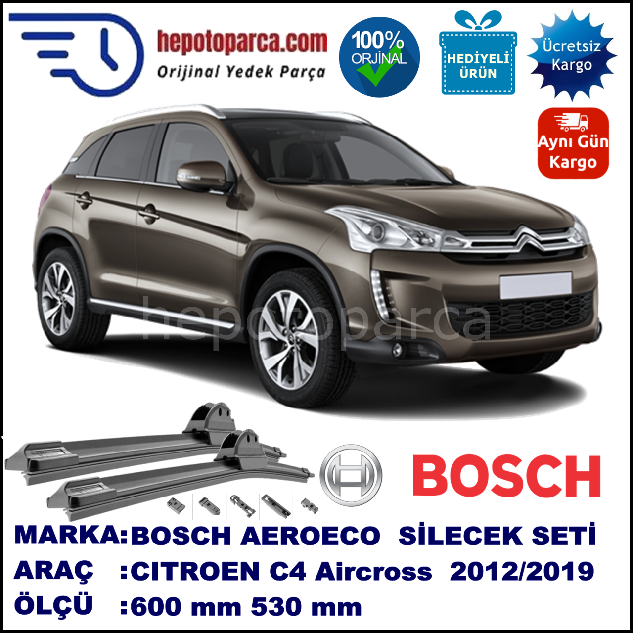 CITROEN C4 Aircross  03.2012-..., 600 / 530 mm. BOSCH AEROECO Aparatlı Muz Silecek