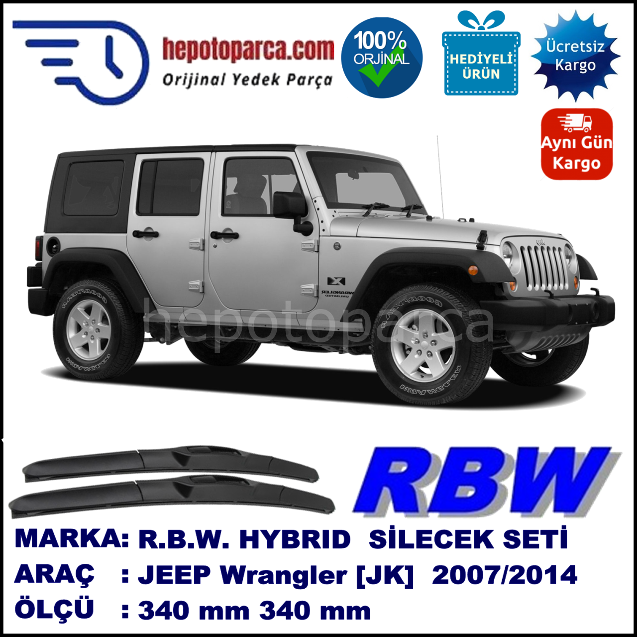 JEEP Wrangler [JK] 01.07-... 340 / 340 mm. RBW Hybrid Silecek Seti. U Kanca Uyumlu Hibrit