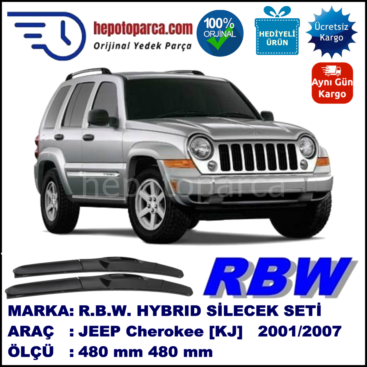 JEEP Cherokee [KJ] 03.01-12.07 480 / 480 mm. RBW Hybrid Silecek Seti. U Kanca Uyumlu Hibrit