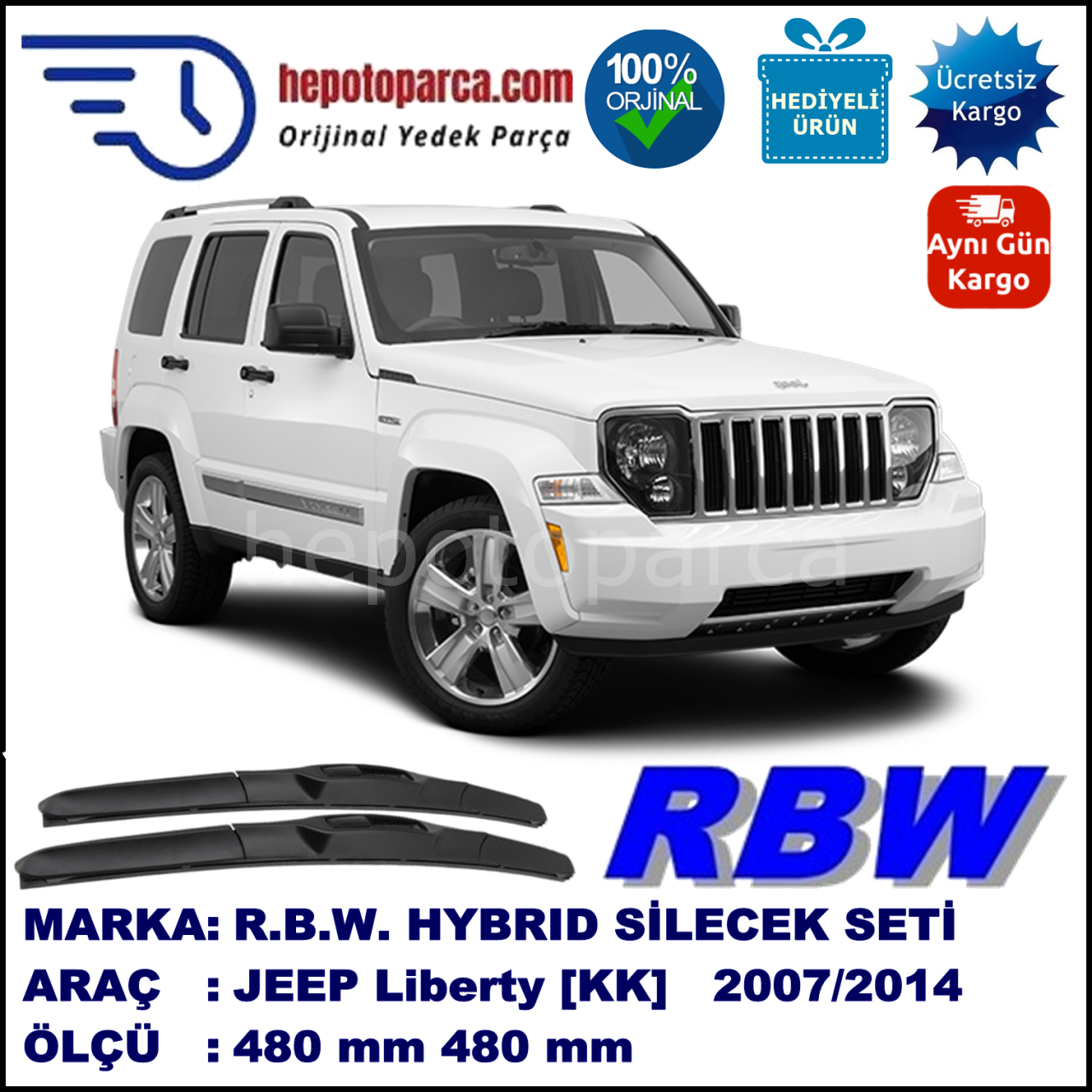 JEEP Liberty [KK] 09.07-... 480 / 480 mm. RBW Hybrid Silecek Seti. U Kanca Uyumlu Hibrit