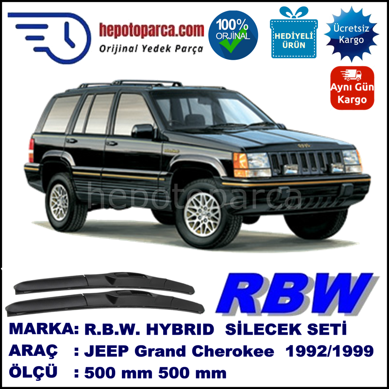 JEEP Grand Cherokee [ZG] 09.92-04.99 500 / 500 mm. RBW Hybrid Silecek Seti. U Kanca Uyumlu Hibrit