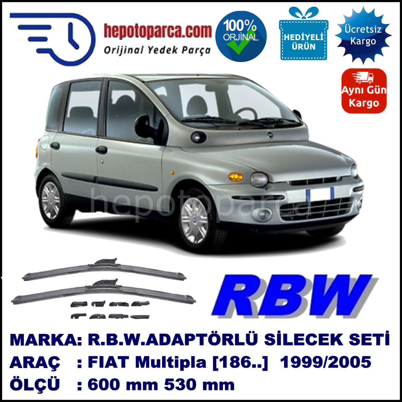FIAT Multipla [186..] 01.1999-12.2005, 600 / 530 mm.  RBW  ADAPTÖRLÜ MUZ SİLECEK SETİ