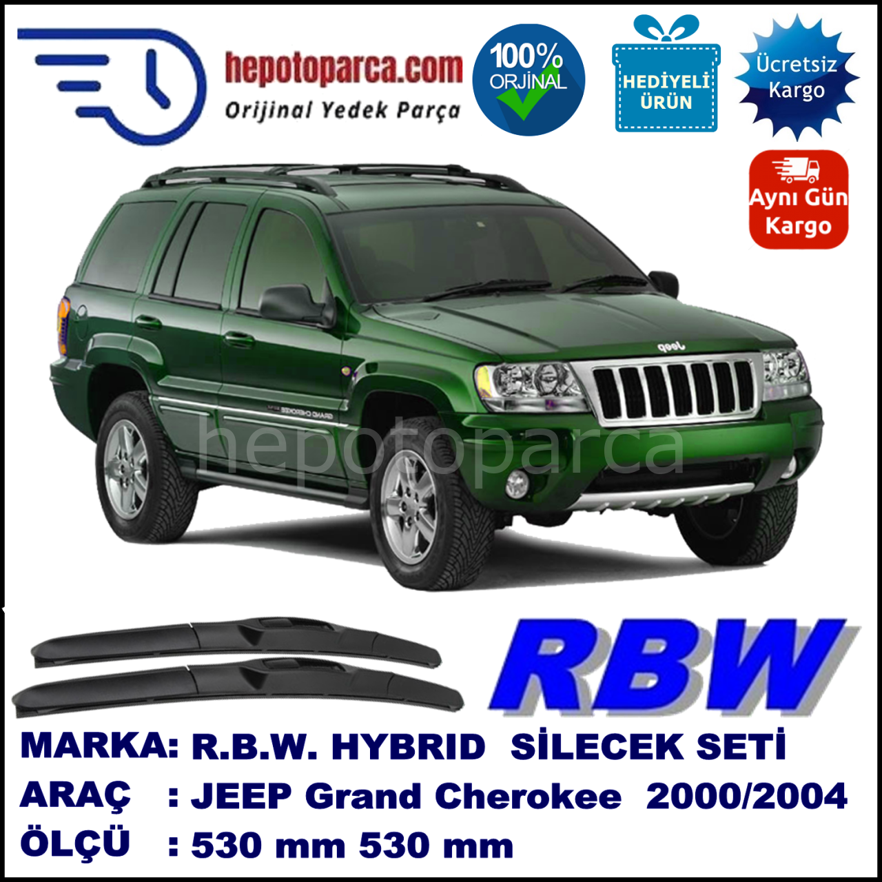 JEEP Grand Cherokee [WG] 09.00-12.04 530 / 530 mm. RBW Hybrid Silecek Seti. U Kanca Uyumlu Hibrit