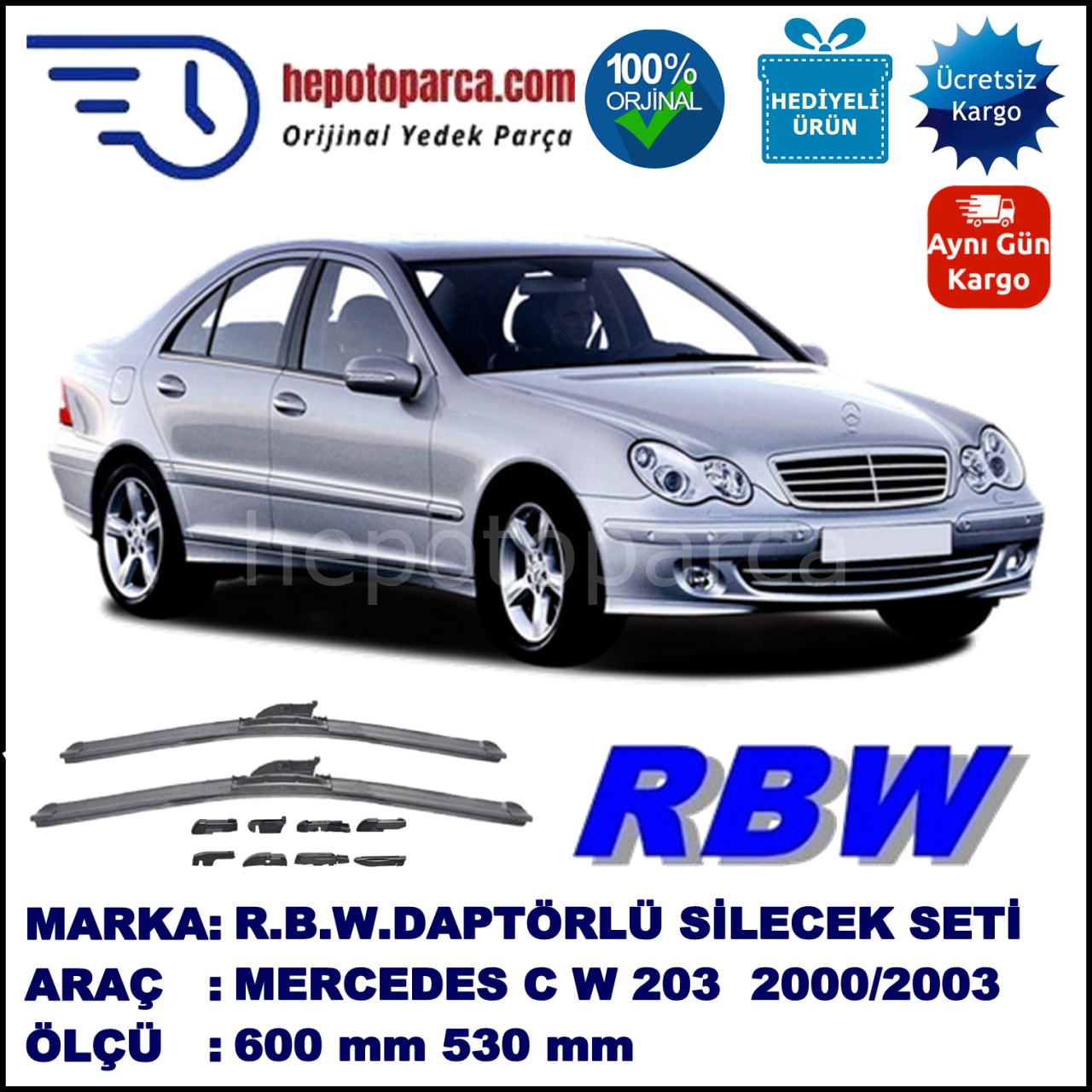 MERCEDES-BENZ Serie C [203] 05.2000-06.2003, 600 / 530 mm.  RBW  ADAPTÖRLÜ MUZ SİLECEK SETİ