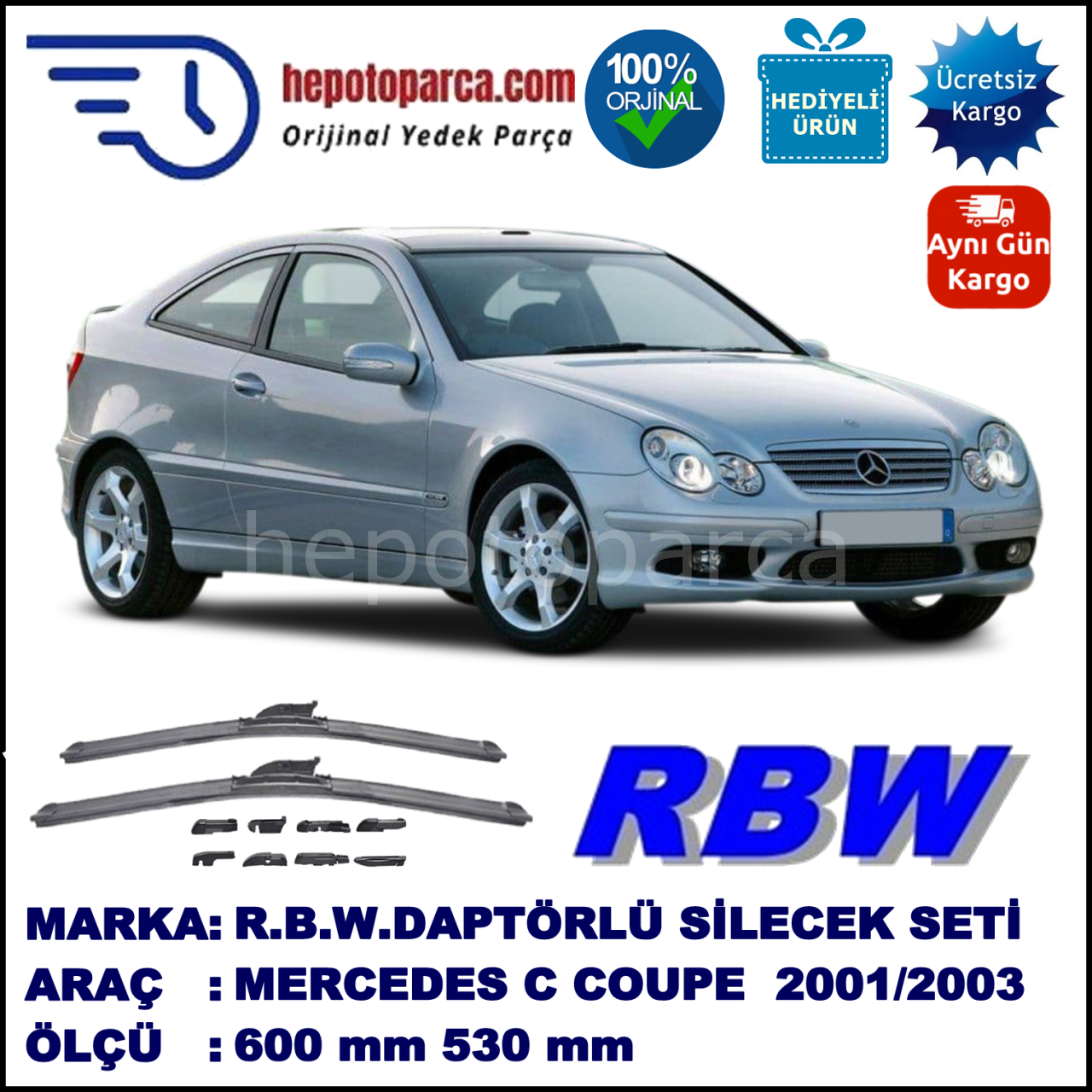 MERCEDES-BENZ Serie C (Sportcoupe) [203] 01.2001-06.2003, 600 / 530 mm.  RBW  ADAPTÖRLÜ MUZ SİLECEK SETİ