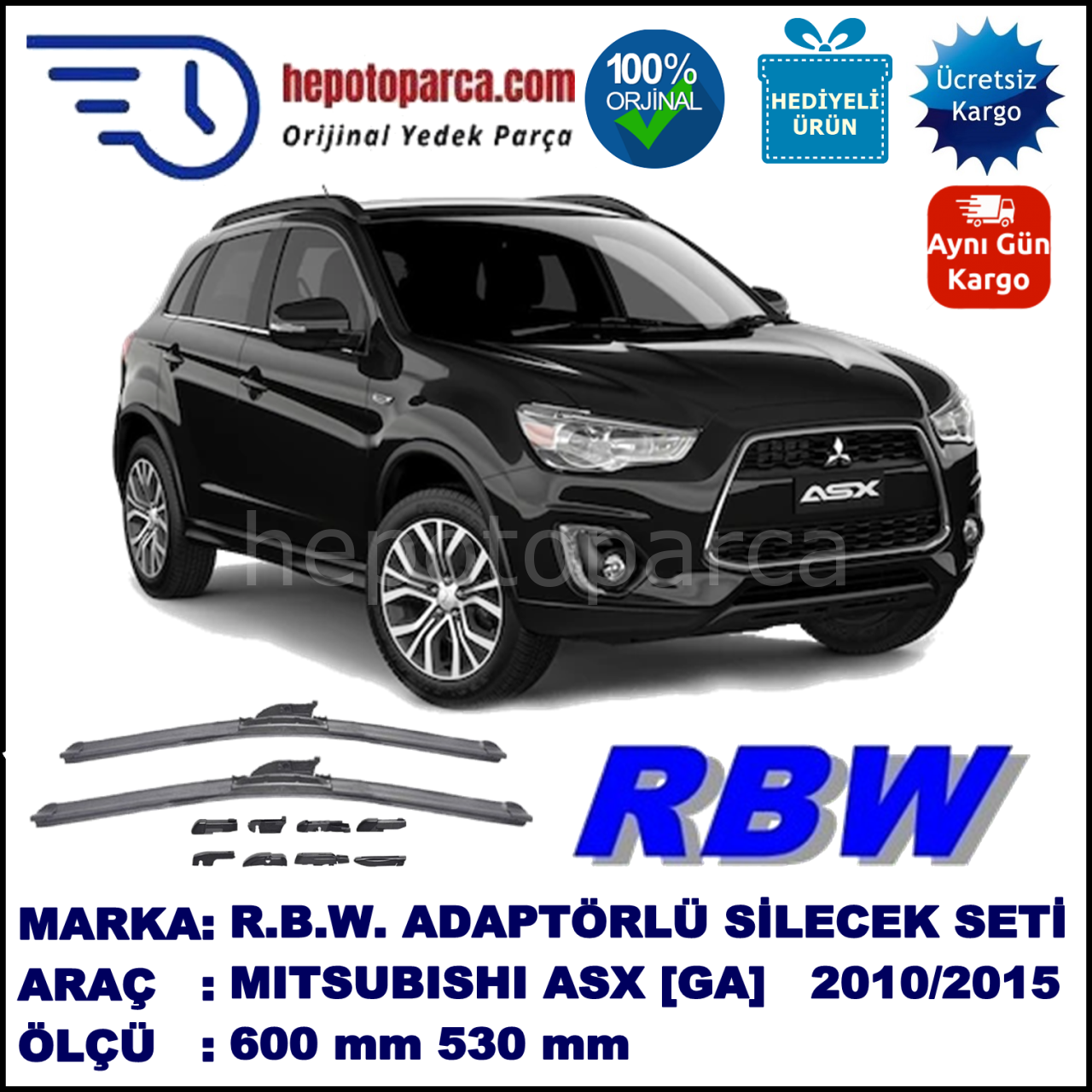 MITSUBISHI ASX [GA] 04.2010-..., 600 / 530 mm.  RBW  ADAPTÖRLÜ MUZ SİLECEK SETİ