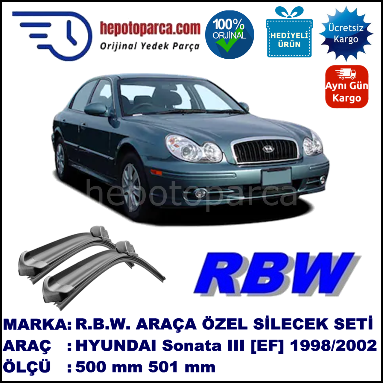 HYUNDAI Sonata III [EF] 03.98-03.02 500 / 501 mm. RBW Muz Silecek Seti  2'li Takım. U Kanca Uyumludur.