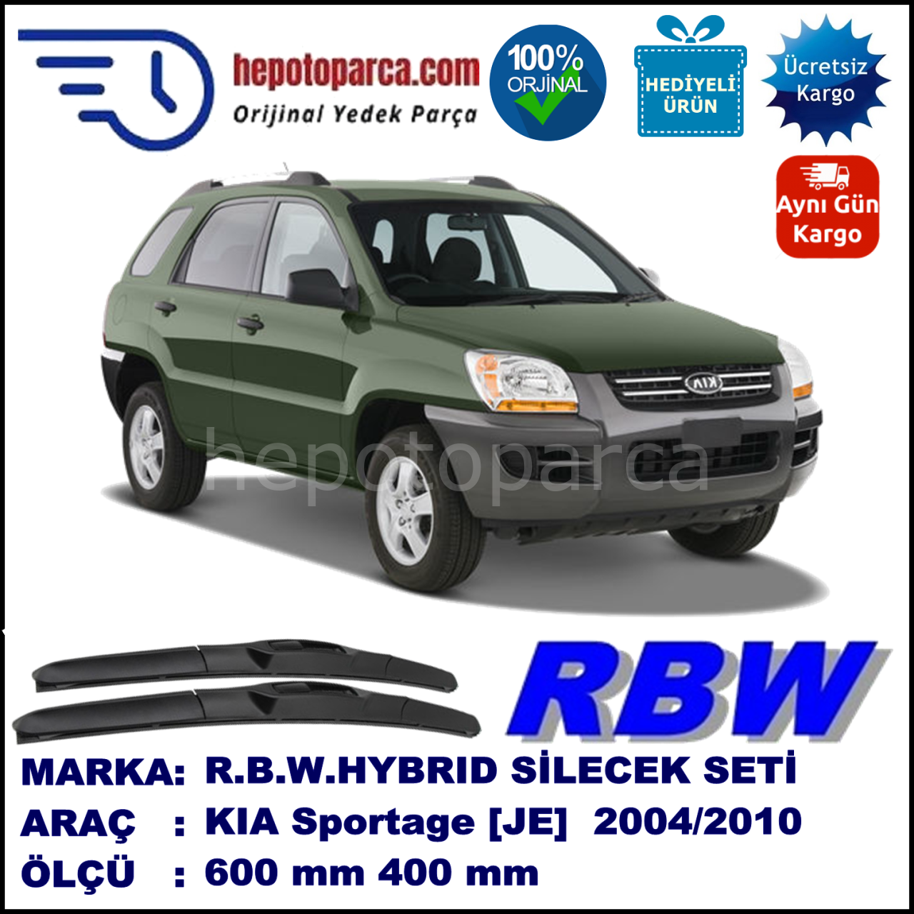 KIA Sportage [JE] 09.04-05.10 600 / 400 mm. RBW Hybrid Silecek Seti. U Kanca Uyumlu Hibrit