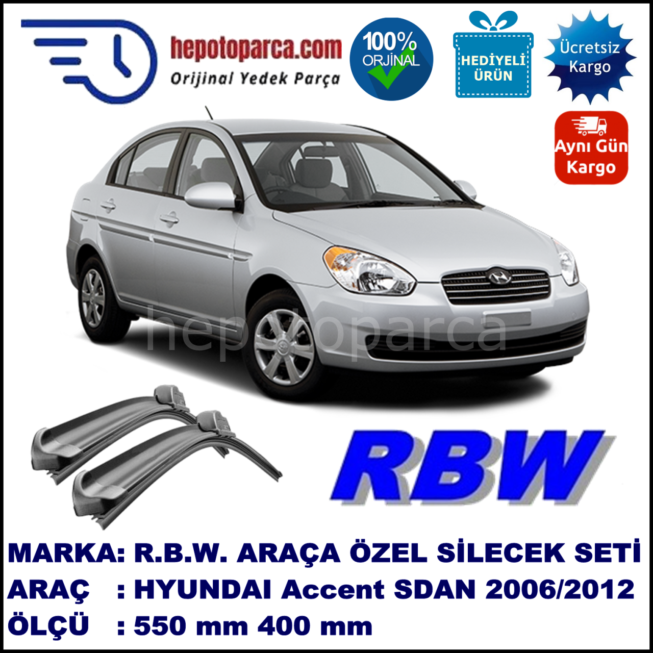 HYUNDAI Accent [MC] 04.06-02.12 550 / 400 mm. RBW Muz Silecek Seti  2'li Takım. U Kanca Uyumludur.