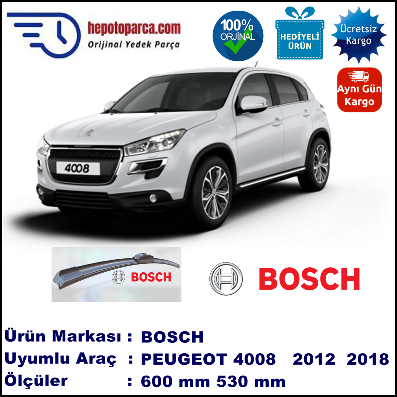 PEUGEOT 4008  03.2012-..., 600 / 530 mm. BOSCH AEROECO Aparatlı Muz Silecek