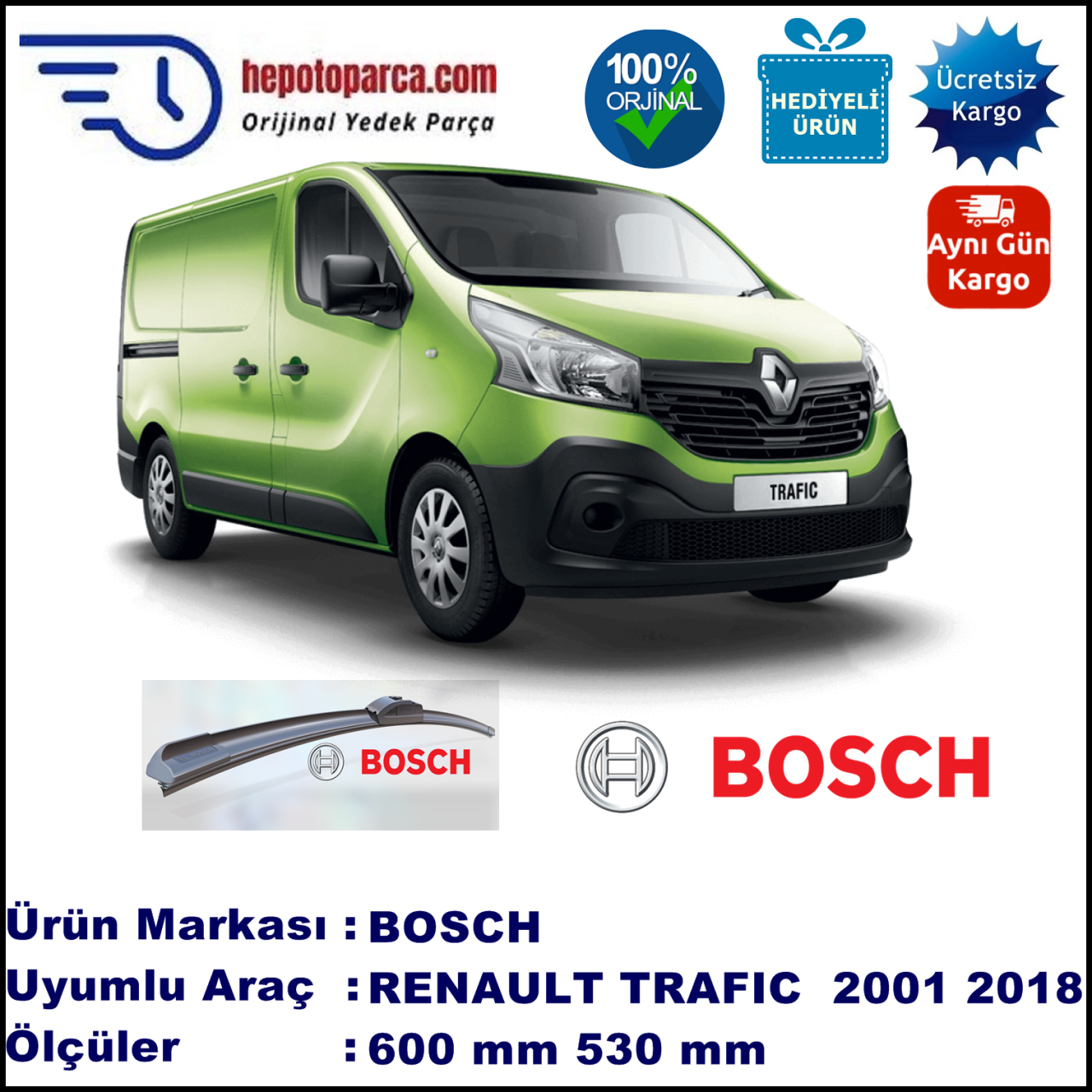 RENAULT Trafic [EL./FL./JL.] 05.2001-..., 600 / 530 mm. BOSCH AEROECO Aparatlı Muz Silecek