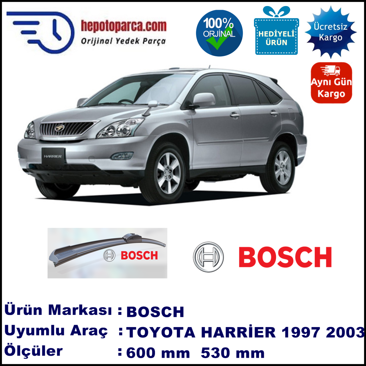 TOYOTA Harrier  12.1997-02.2003, 600 / 530 mm. BOSCH AEROECO Aparatlı Muz Silecek