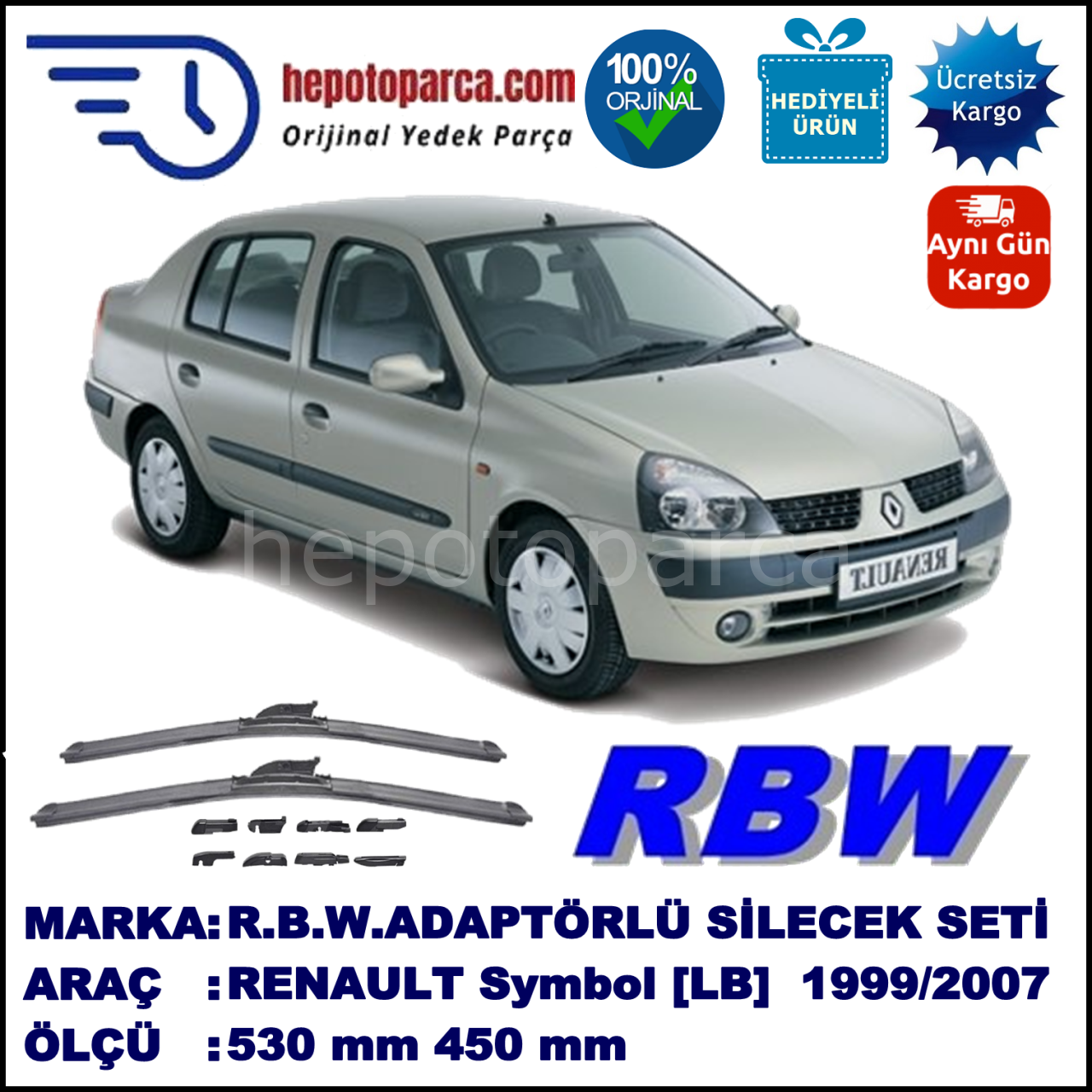 RENAULT Symbol [LB] 10.1999-10.2007, 530 / 450 mm.  RBW  ADAPTÖRLÜ MUZ SİLECEK SETİ