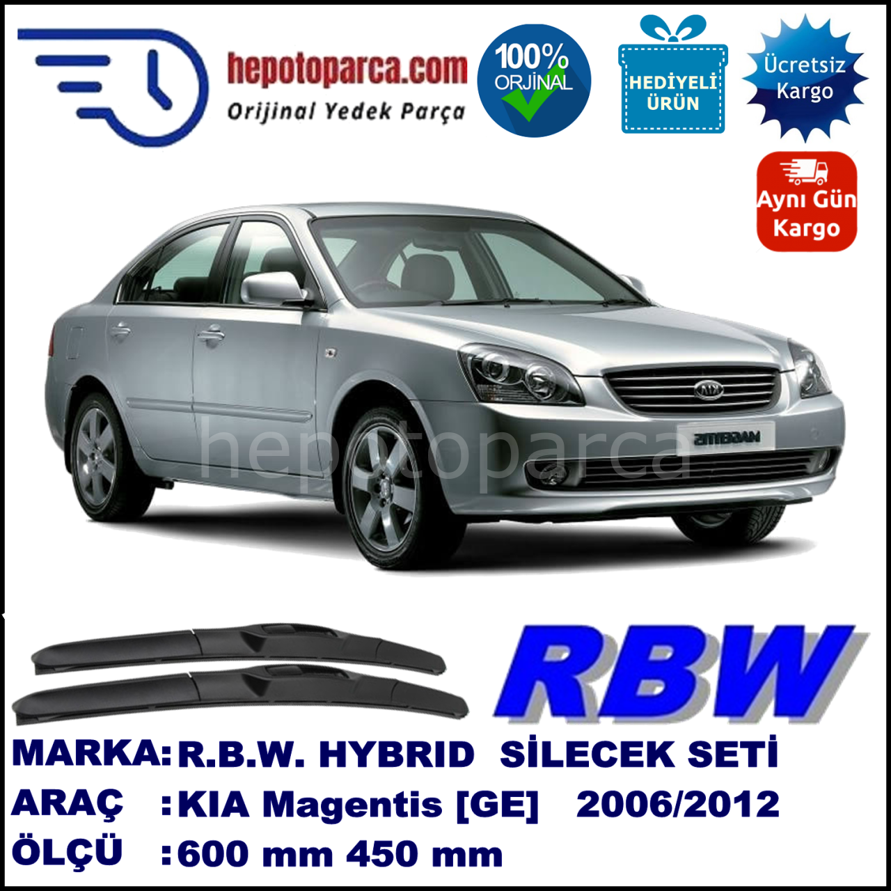 KIA Magentis [GE] 02.06-... 600 / 450 mm. RBW Hybrid Silecek Seti. U Kanca Uyumlu Hibrit