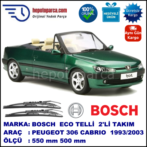 PEUGEOT 306 Cabriolet [N3; N5] 01.93-10.03 550 / 500 mm. BOSCH ECO Telli Silecek 2'li Takım