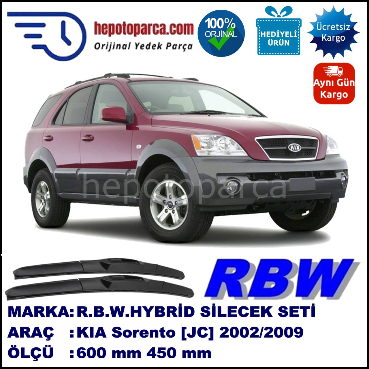 KIA Sorento [JC] 07.02-08.09 600 / 450 mm. RBW Hybrid Silecek Seti. U Kanca Uyumlu Hibrit
