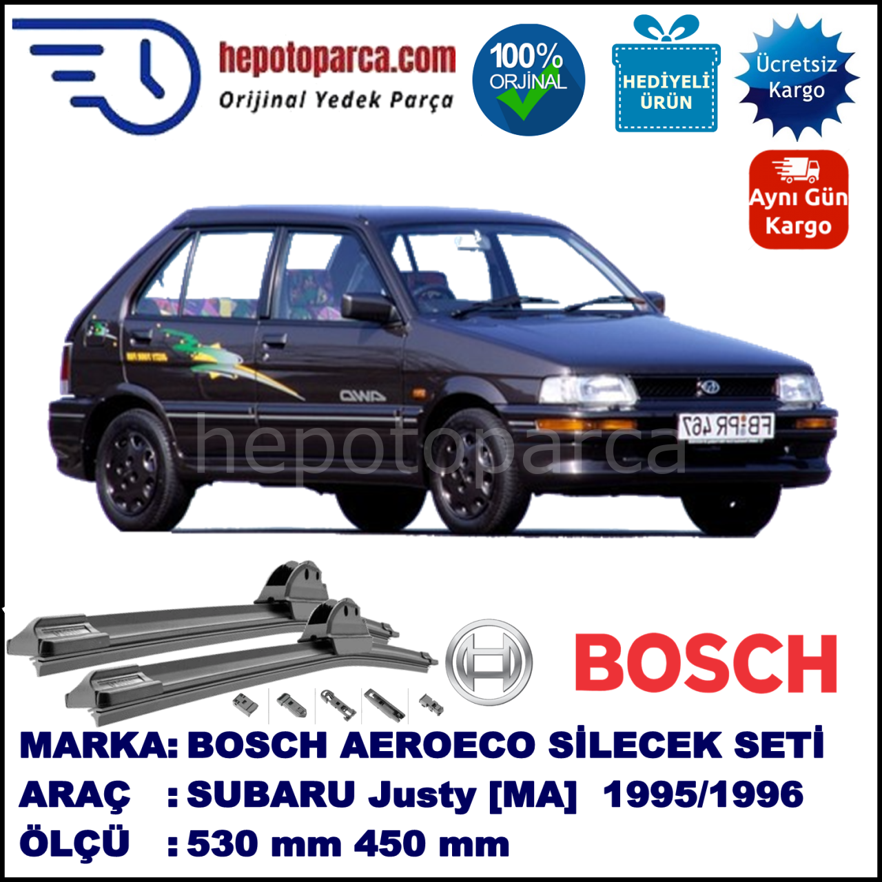 SUBARU Justy [MA] 10.1995-09.1996, 530 / 450 mm. BOSCH AEROECO Aparatlı Muz Silecek