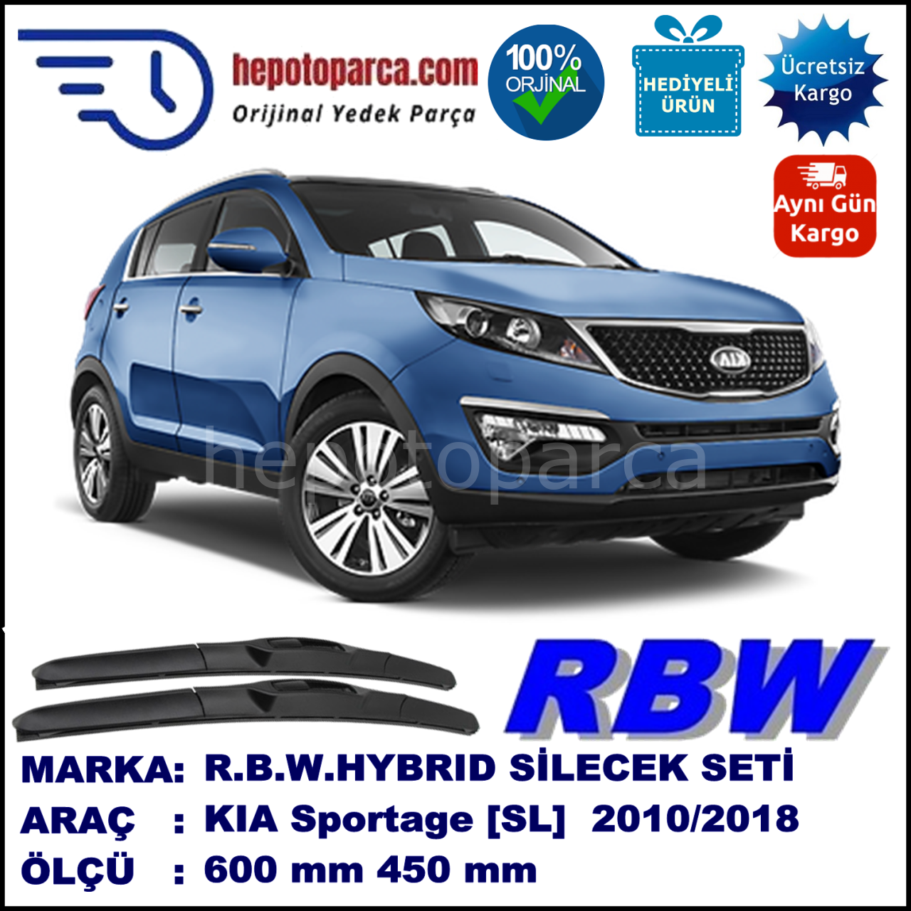 KIA Sportage [SL] 07.10-... 600 / 450 mm. RBW Hybrid Silecek Seti. U Kanca Uyumlu Hibrit