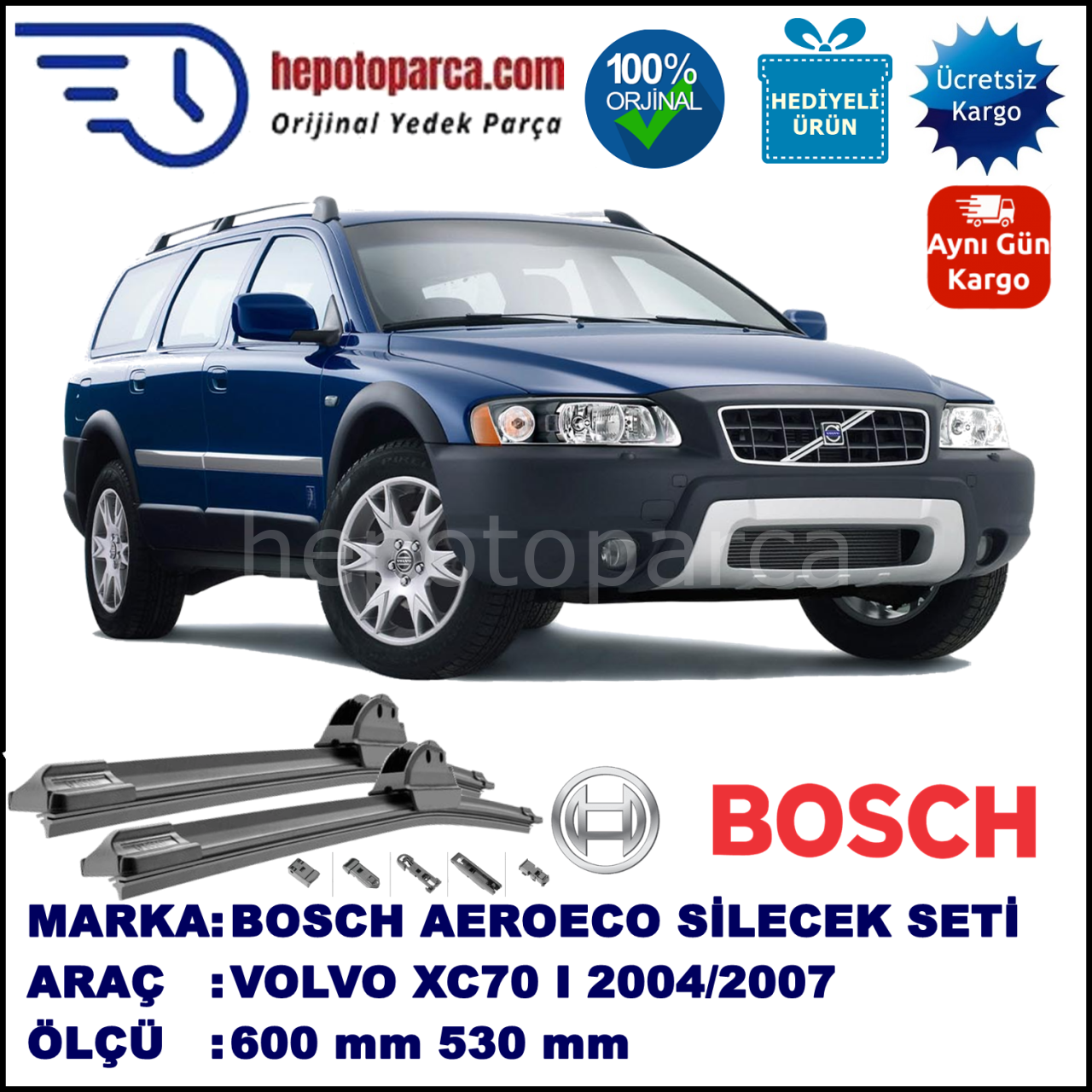 VOLVO XC70 I  08.2004-07.2007, 600 / 530 mm. BOSCH AEROECO Aparatlı Muz Silecek