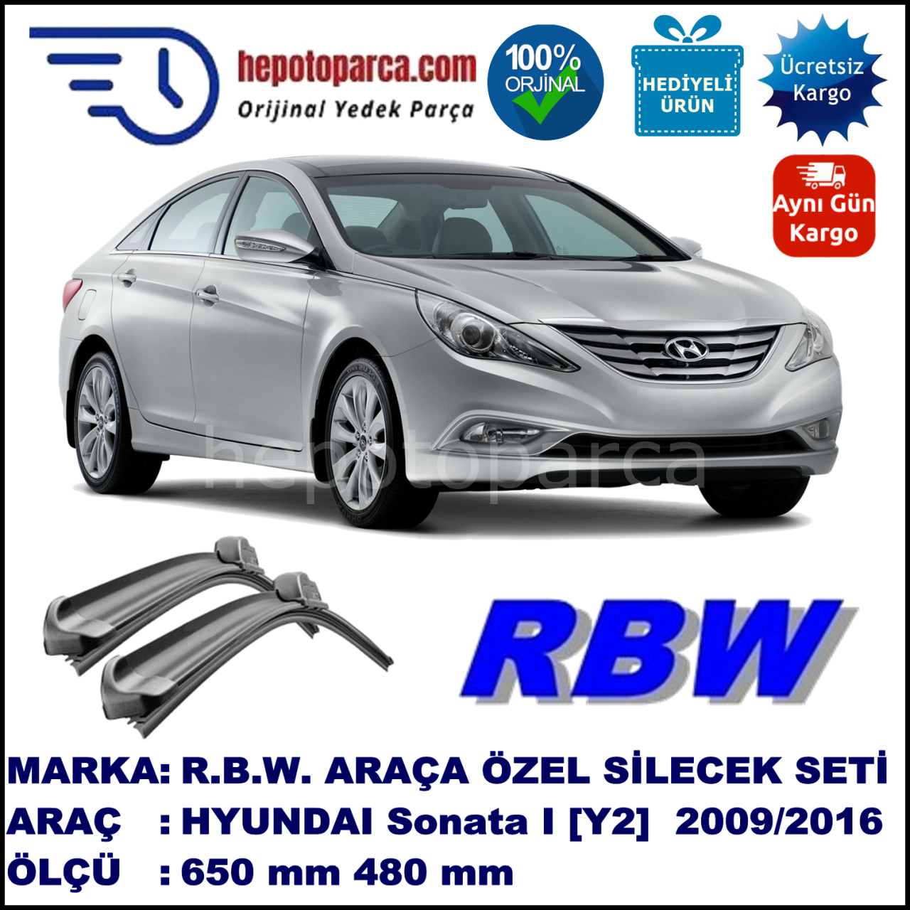 HYUNDAI Sonata [YF] 09.09-... 650 / 480 mm. RBW Muz Silecek Seti  2'li Takım. U Kanca Uyumludur.