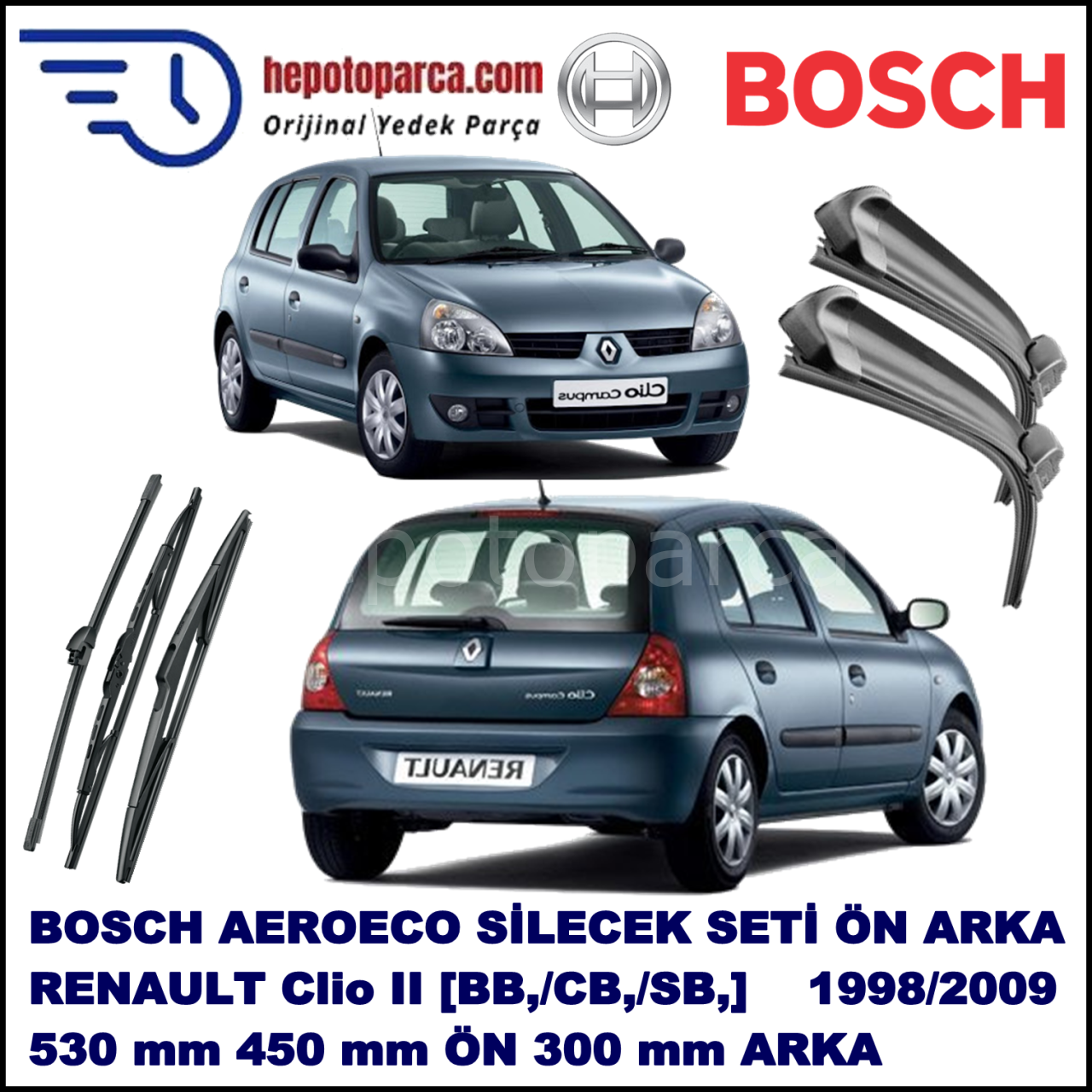 RENAULT Clio II [BB,/CB,/SB,] 03,1998-05,2009 Bosch Aeroeco Ön ve Arka Silecek Takımı