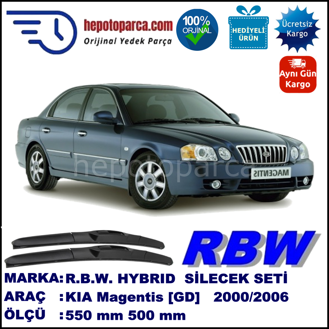 KIA Magentis [GD] 09.00-12.05 550 / 500 mm. RBW Hybrid Silecek Seti. U Kanca Uyumlu Hibrit