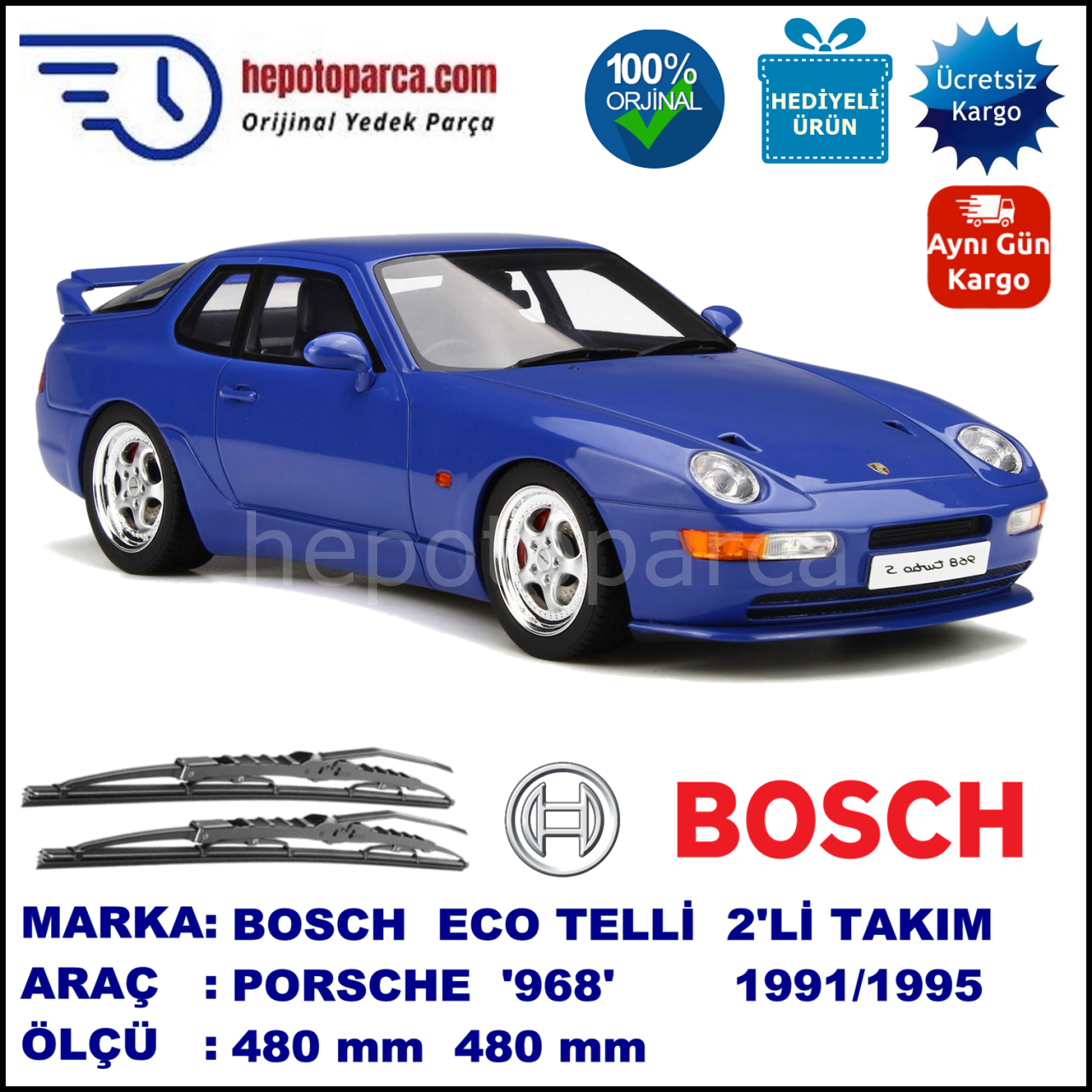 PORSCHE 968  08.91-11.95 480 / 480 mm. BOSCH ECO Telli Silecek 2'li Takım