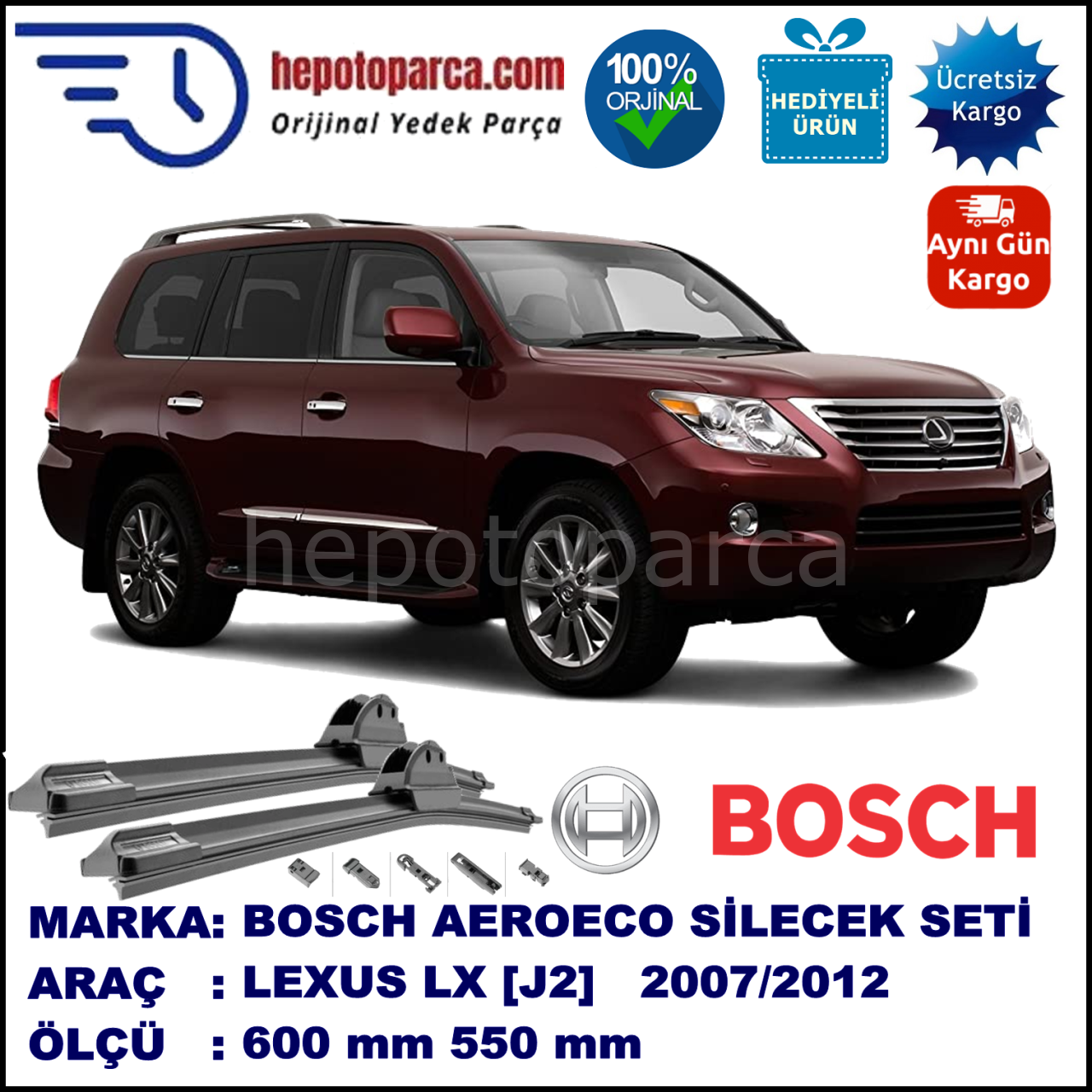 LEXUS LX [J2] 11.2007-01.2012, 600 / 550 mm. BOSCH AEROECO Aparatlı Muz Silecek