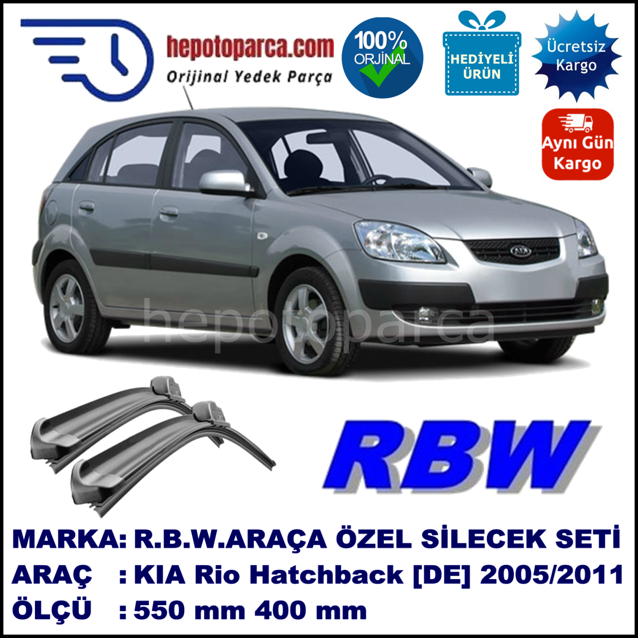 KIA Rio Hatchback [DE] 03.05-09.11 550 / 400 mm. RBW Muz Silecek Seti  2'li Takım. U Kanca Uyumludur.