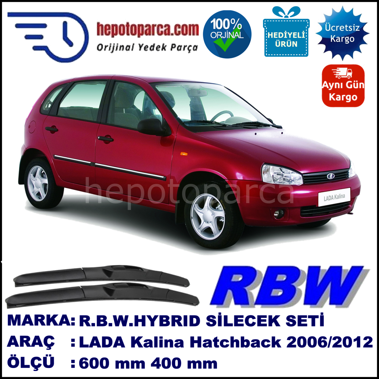 LADA Kalina Hatchback  07.06-... 600 / 400 mm. RBW Hybrid Silecek Seti. U Kanca Uyumlu Hibrit