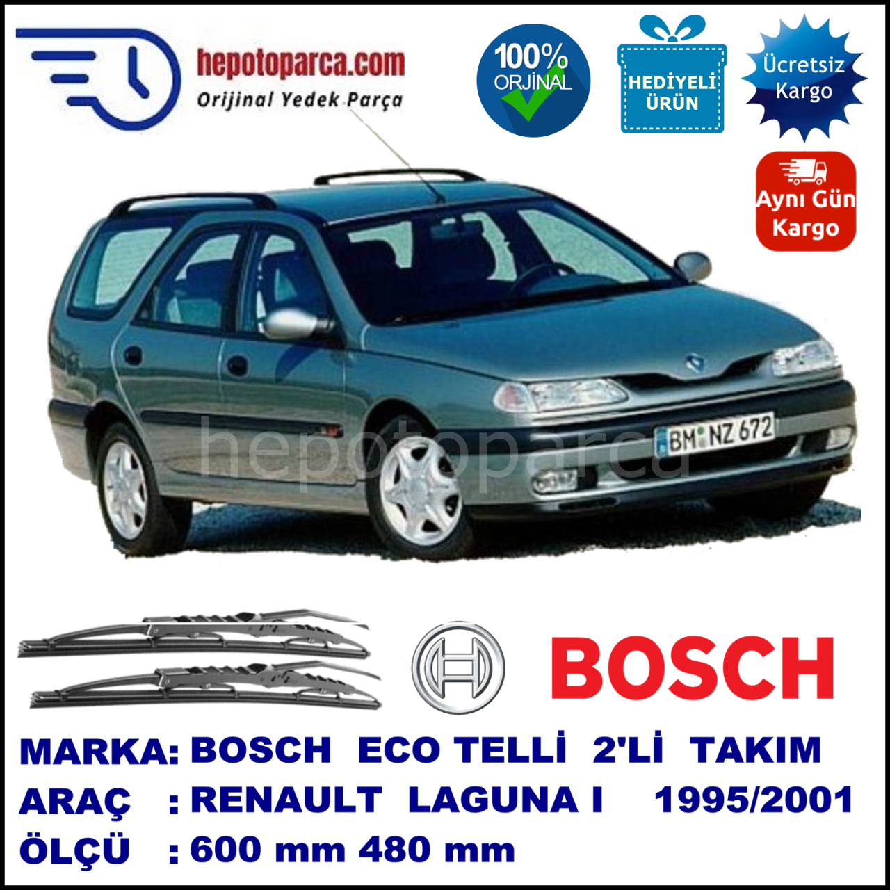 RENAULT Laguna I Grandtour [A56; K56; S56] 02.95-02.01 600 / 480 mm. BOSCH ECO Telli Silecek 2'li Takım