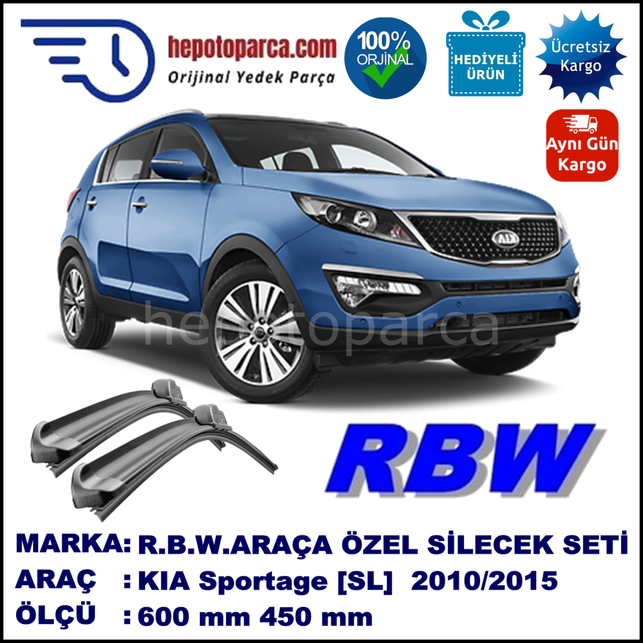 KIA Sportage [SL] 07.10-... 600 / 450 mm. RBW Muz Silecek Seti  2'li Takım. U Kanca Uyumludur.