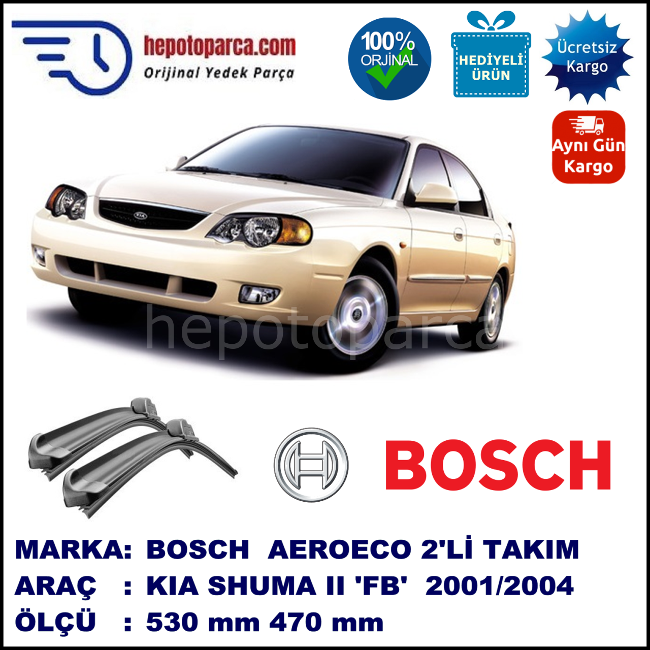 KIA Shuma II Hatchback [FB] 01.2001-08.2004, 530 / 470 mm. BOSCH AEROECO Aparatlı Muz Silecek
