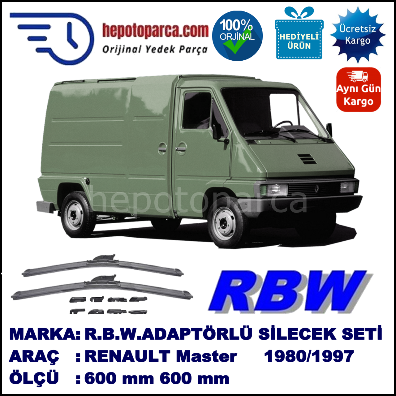 RENAULT Master  09.1980-09.1997, 600 / 600 mm.  RBW  ADAPTÖRLÜ MUZ SİLECEK SETİ