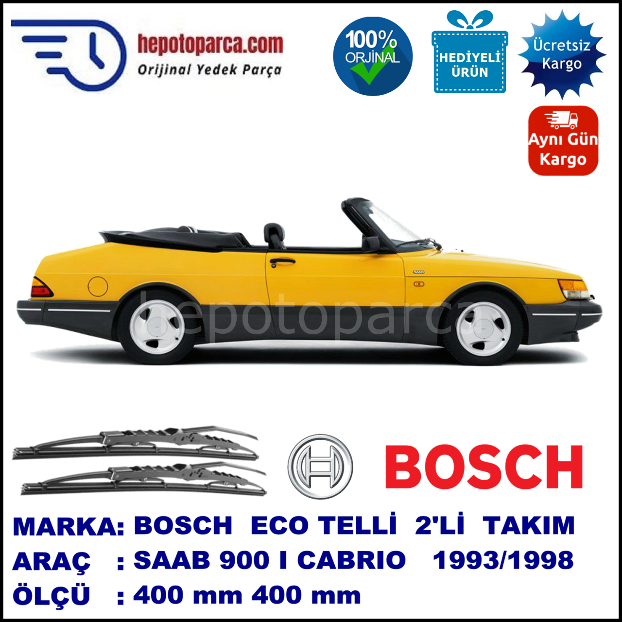 SAAB 900 I Cabrio  09.93-08.98 400 / 400 mm. BOSCH ECO Telli Silecek 2'li Takım