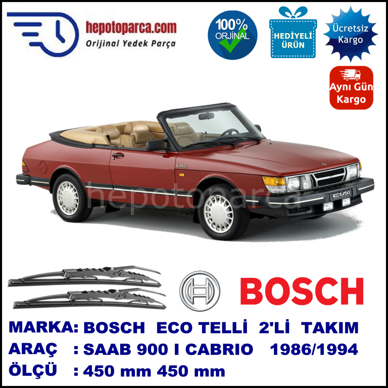 SAAB 900 I Cabrio  09.86-08.94 450 / 450 mm. BOSCH ECO Telli Silecek 2'li Takım