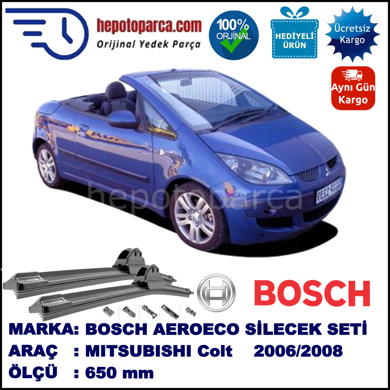 MITSUBISHI Colt Cabrio [CZ] 03.2006-07.2008, 650 / - mm. BOSCH AEROECO Aparatlı Muz Silecek