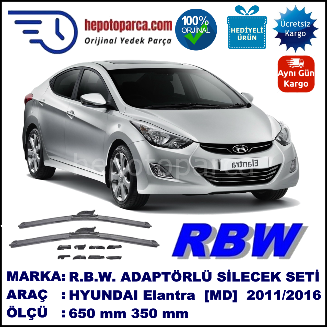HYUNDAI Elantra [MD] 02.2011-..., 650 / 350 mm.  RBW  ADAPTÖRLÜ MUZ SİLECEK SETİ