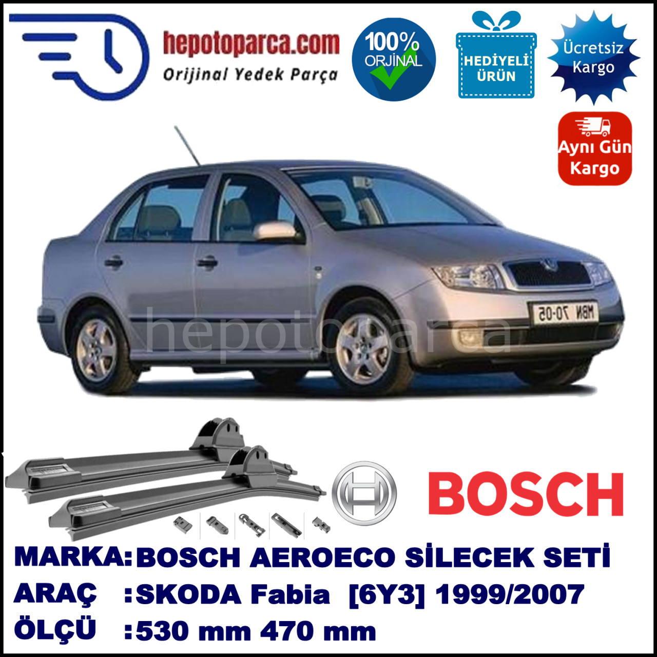 SKODA Fabia [6Y3] 09.1999-12.2007, 530 / 470 mm. BOSCH AEROECO Aparatlı Muz Silecek