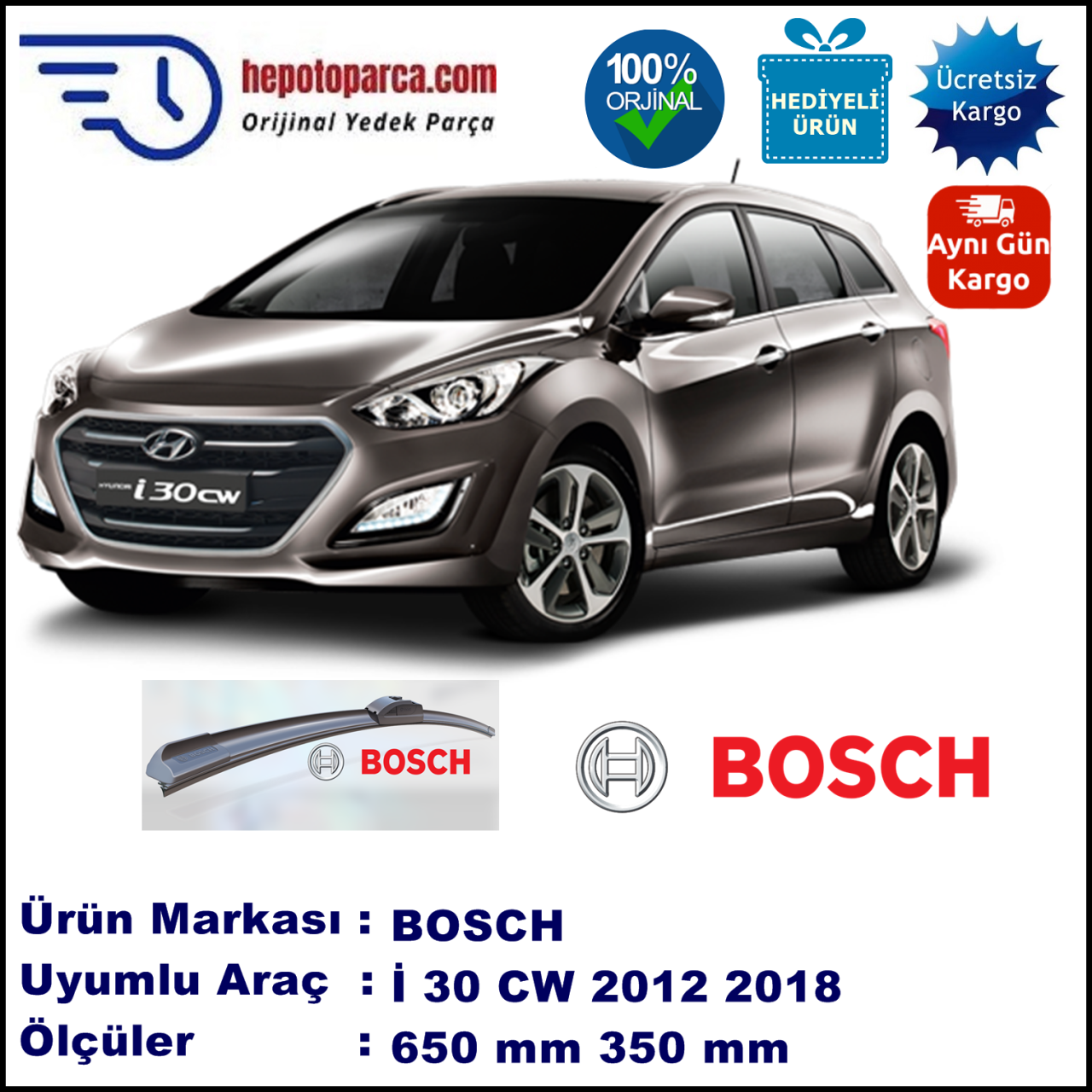 HYUNDAI i30 CW Kombi [GD] 03.2012-..., 650 / 350 mm. BOSCH AEROECO Aparatlı Muz Silecek