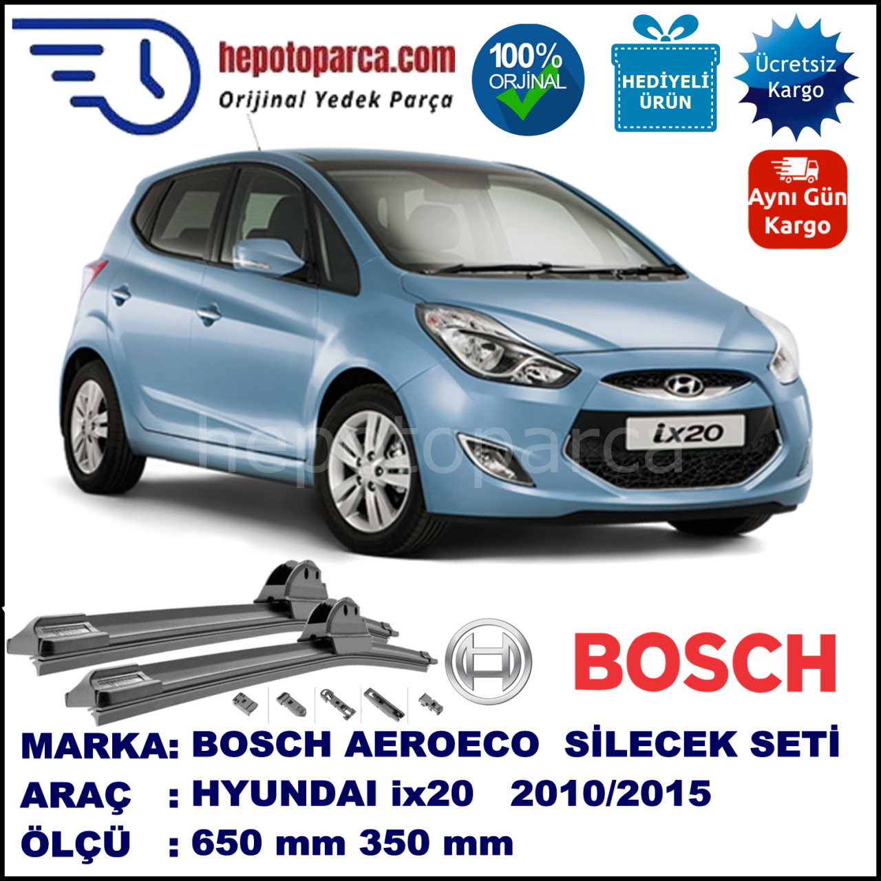 HYUNDAI ix20 [JC] 10.2010-..., 650 / 350 mm. BOSCH AEROECO Aparatlı Muz Silecek