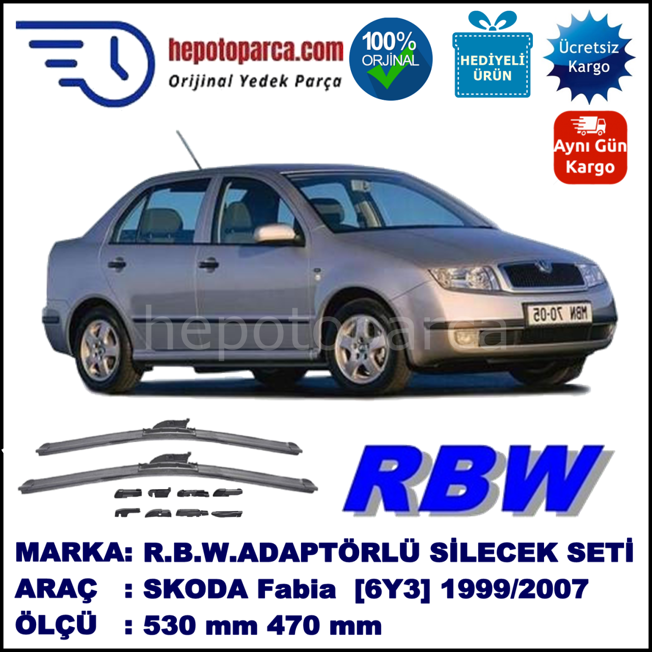 SKODA Fabia [6Y3] 09.1999-12.2007, 530 / 470 mm.  RBW  ADAPTÖRLÜ MUZ SİLECEK SETİ