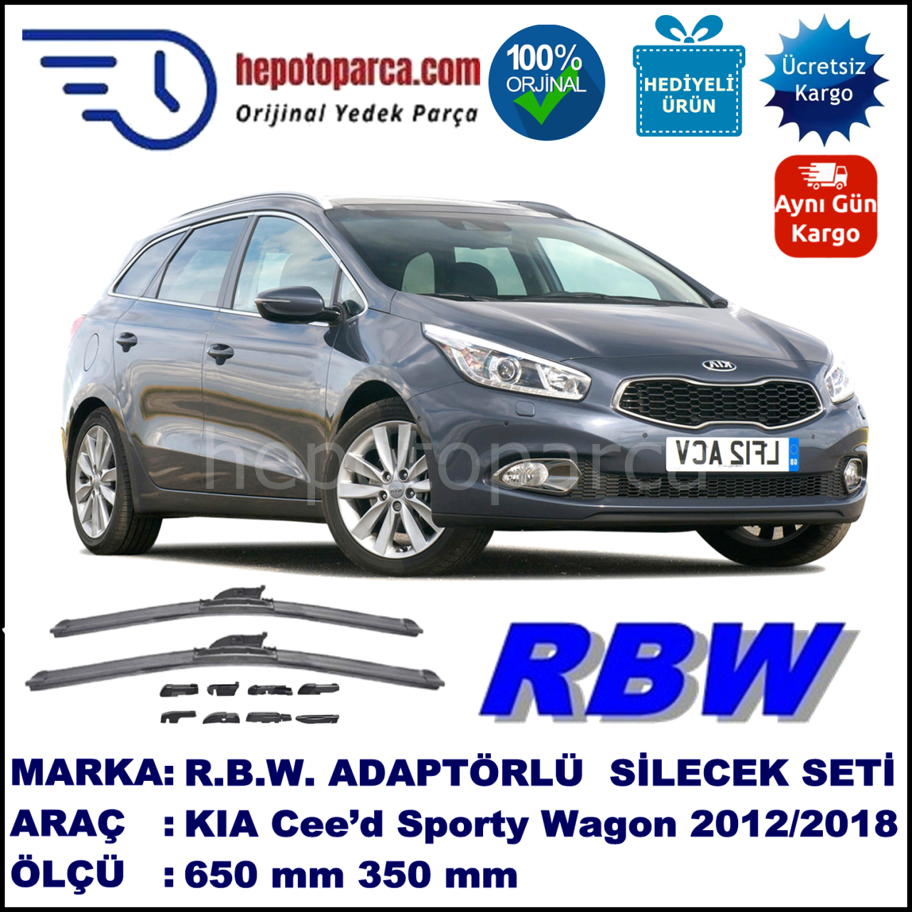 KIA Cee’d Sporty Wagon [JD] 08.2012-..., 650 / 350 mm.  RBW  ADAPTÖRLÜ MUZ SİLECEK SETİ
