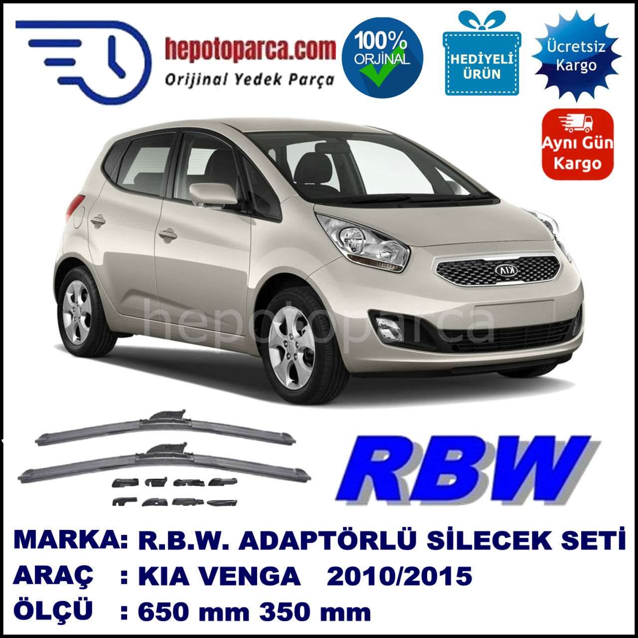 KIA Venga  12.2009-..., 650 / 350 mm.  RBW  ADAPTÖRLÜ MUZ SİLECEK SETİ