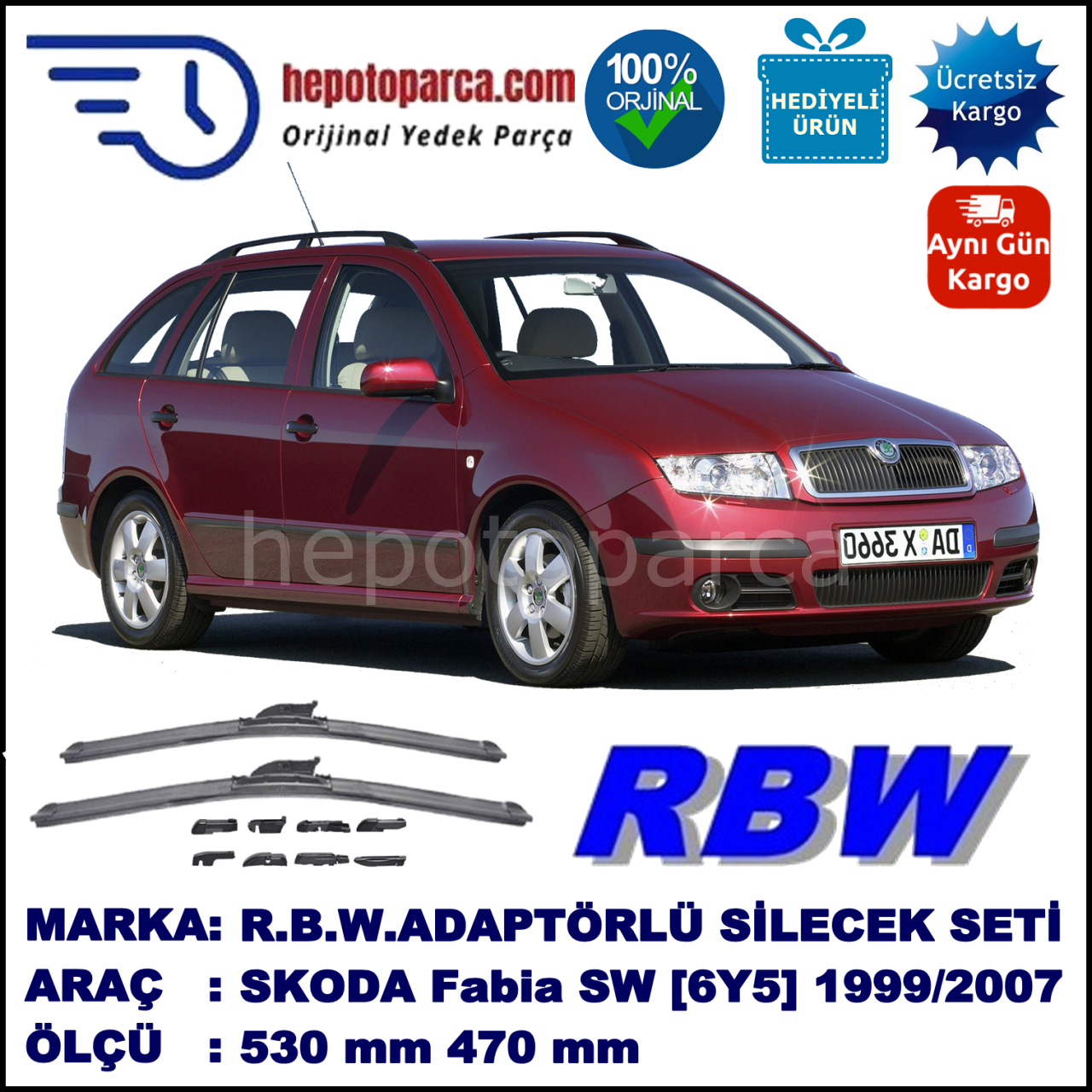 SKODA Fabia Combi [6Y5] 12.1999-12.2007, 530 / 470 mm.  RBW  ADAPTÖRLÜ MUZ SİLECEK SETİ