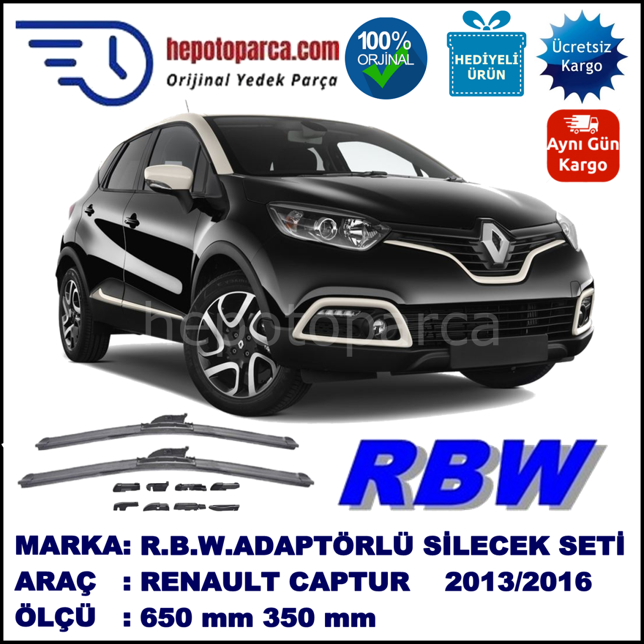 RENAULT Captur [J5] 01.2013-..., 650 / 350 mm.  RBW  ADAPTÖRLÜ MUZ SİLECEK SETİ