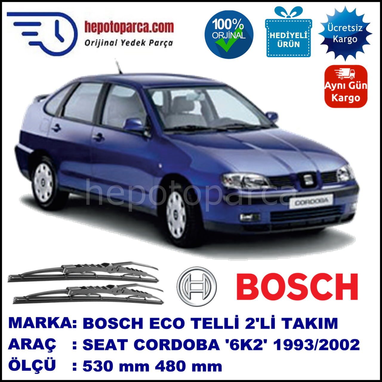 SEAT Cordoba [6K2] 09.93-12.02 530 / 480 mm. BOSCH ECO Telli Silecek 2'li Takım
