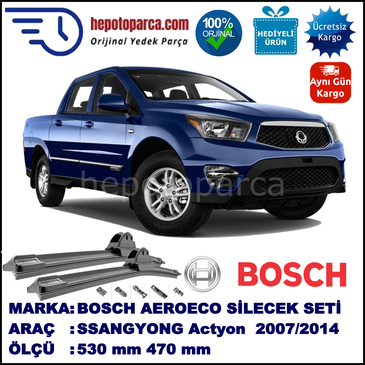 SSANGYONG Actyon Sports  03.2007-..., 530 / 470 mm. BOSCH AEROECO Aparatlı Muz Silecek